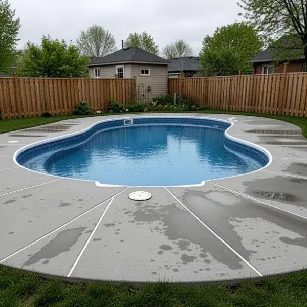 Rebuilt deck on stable backfill Replacement concrete pool deck around fibreglass pool Kitchener
