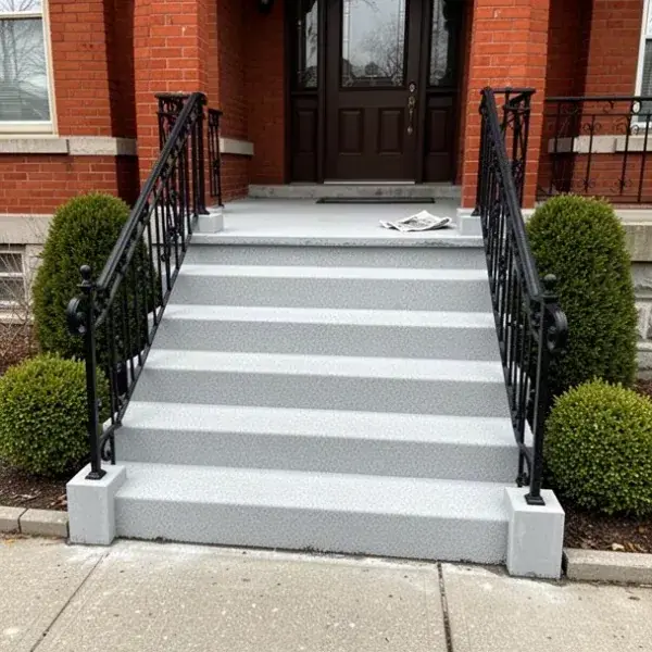 Front steps with new textured surface Resurfaced concrete front steps on Guelph brick house