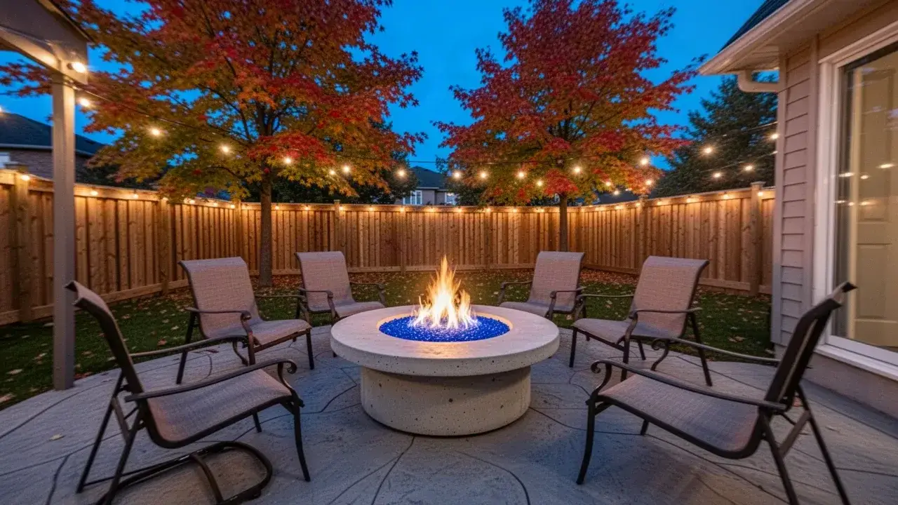 Round concrete gas fire table on Cambridge backyard patio