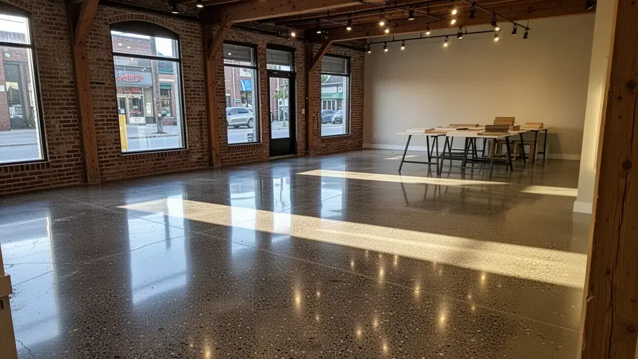 Salt and pepper polished concrete floor in Cambridge showroom