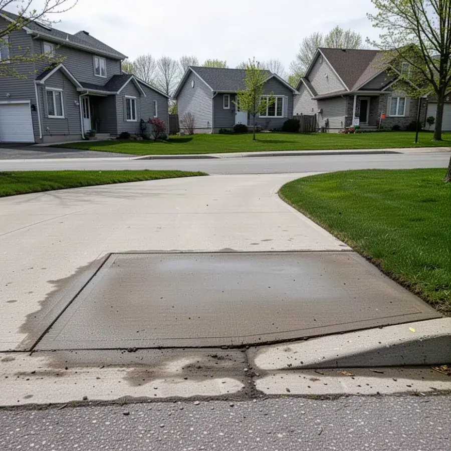 Driveway apron rebuilt after spalling Salt damaged driveway apron repaired and sealed in Cambridge