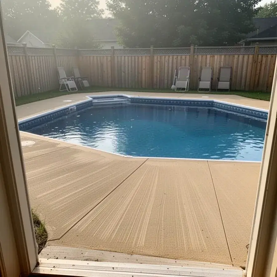 Sandy coloured concrete pool deck beside a Guelph backyard pool
