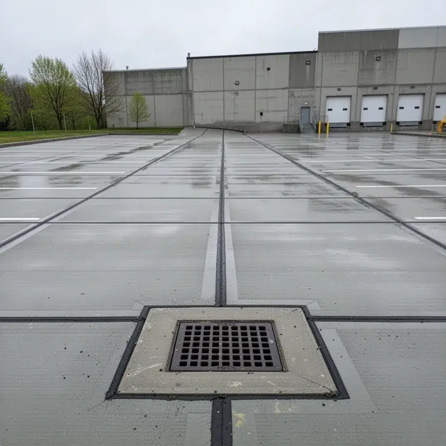 Joints and drainage in a lot Saw-cut concrete parking lot sloping to catch basin
