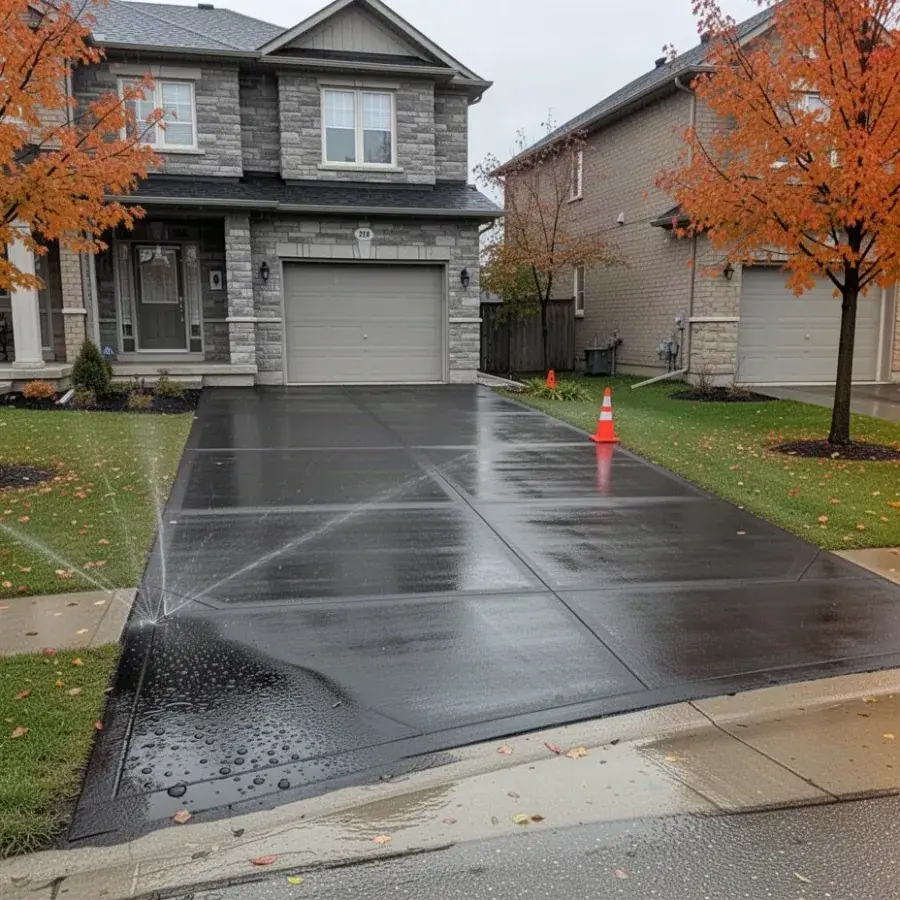 Driveway sealed before salt season Sealed broom finish concrete driveway in Kitchener subdivision