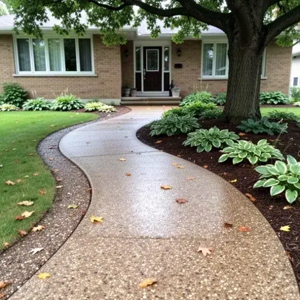 Aggregate walkway with clear finish Sealed exposed aggregate walkway beside Guelph home