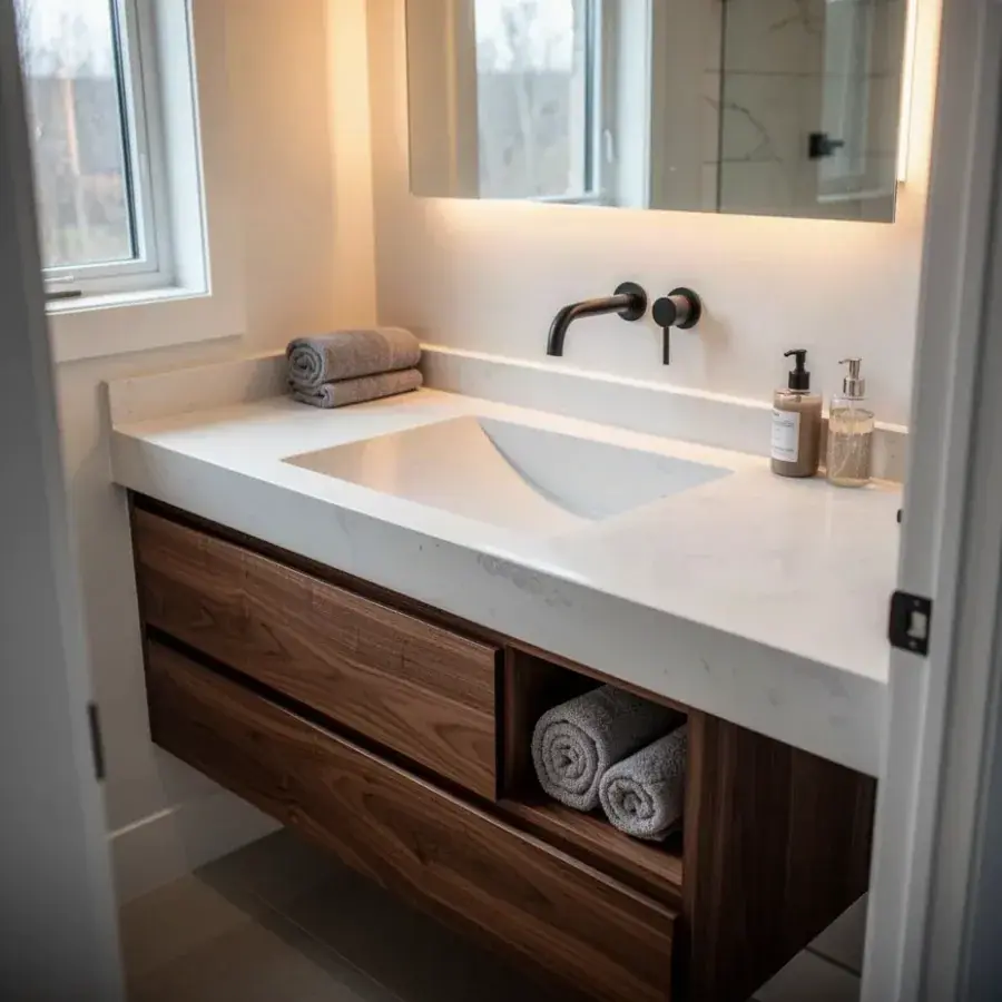 Vanity with ramp sink Sealed white concrete bathroom vanity with ramp sink