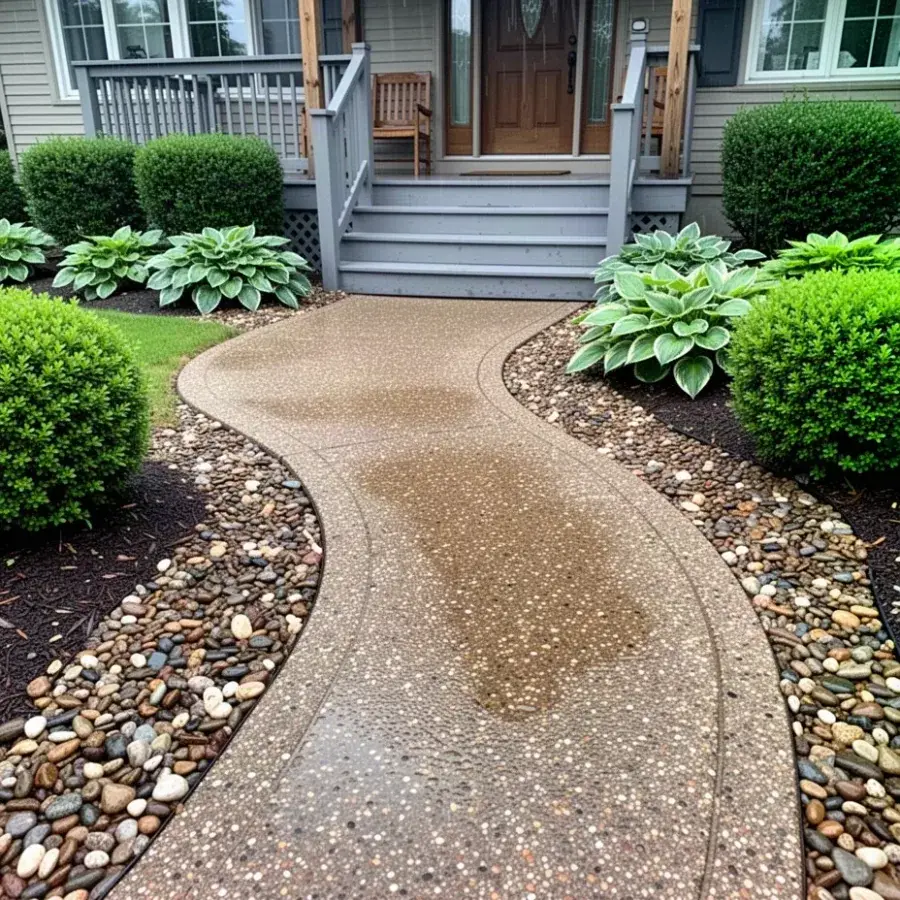 Seeded river rock path Seeded river rock exposed aggregate walkway near front porch
