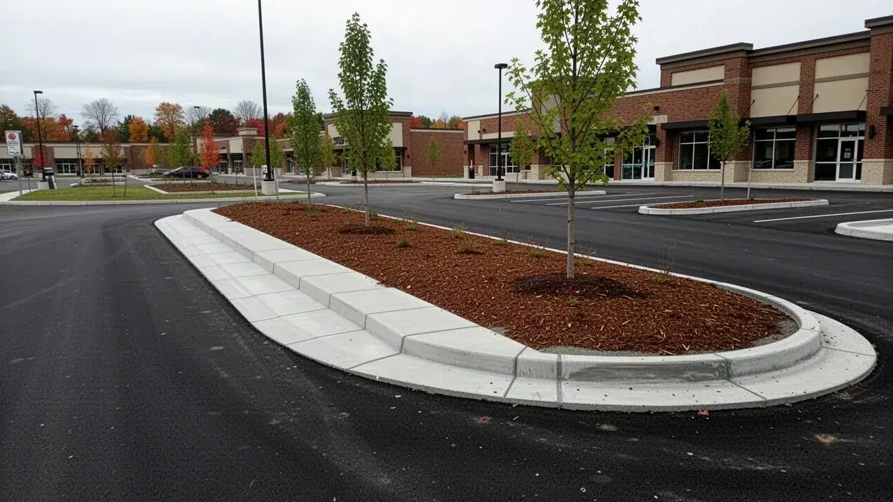 Slipformed concrete curb and gutter at Cambridge plaza