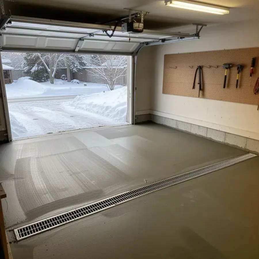 Sloped concrete garage floor with trench drain in Waterloo