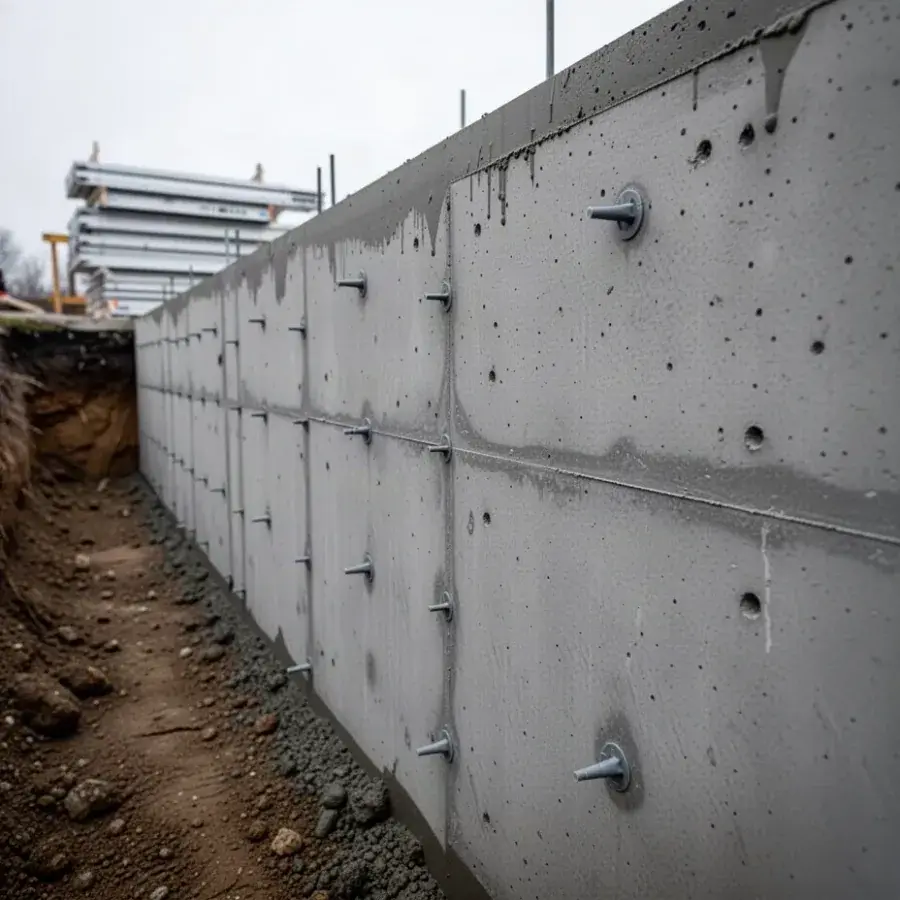 Dense wall, no honeycombing Smooth consolidated concrete wall surface after form removal