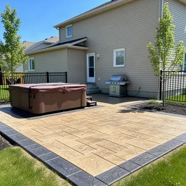 Stamped charcoal border patio with hot tub corner