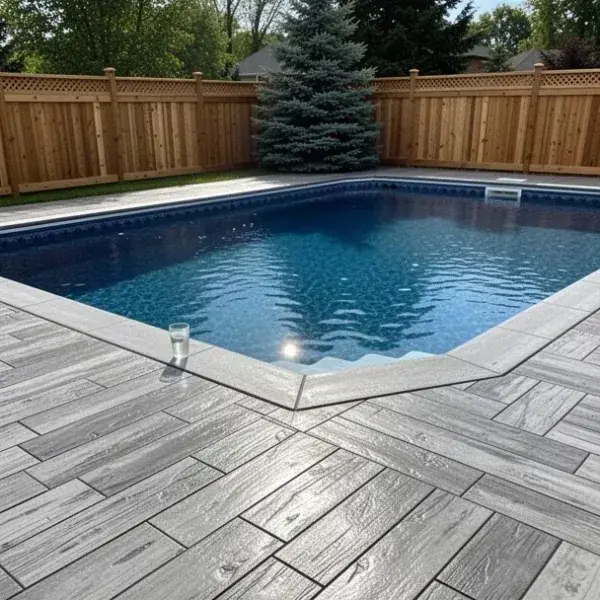 Wood plank pool surround Stamped concrete pool deck with wood plank pattern