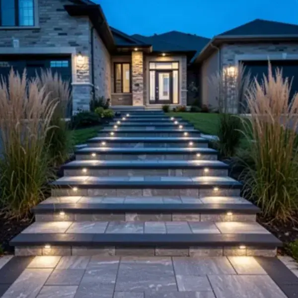 Stamped risers and LED step lights Stamped concrete steps with riser lights in Guelph