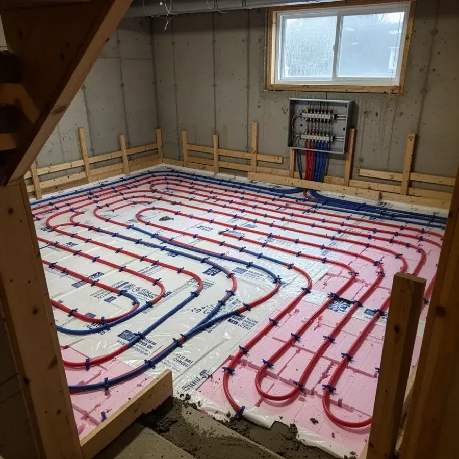 Stego vapour barrier and PEX tubing before slab pour