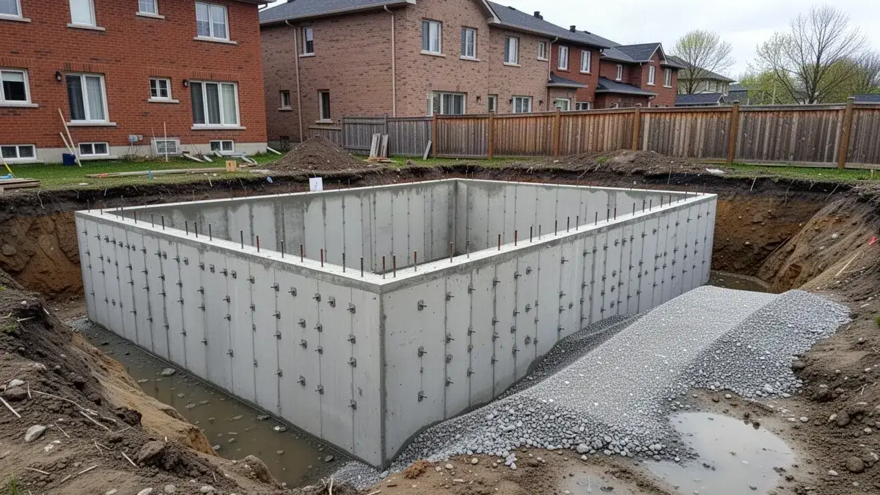 Stripped poured concrete foundation walls on Cambridge infill lot