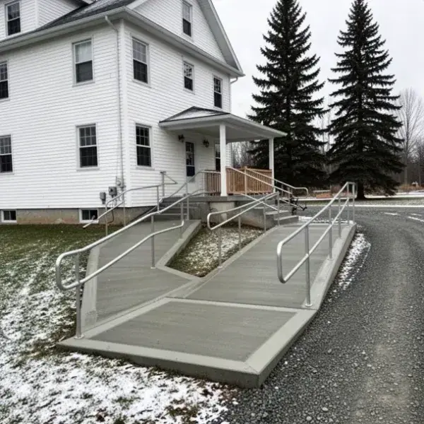 Switchback concrete accessibility ramp to covered side porch