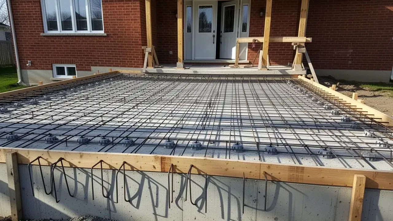 Tied rebar grid on chairs for Cambridge porch slab