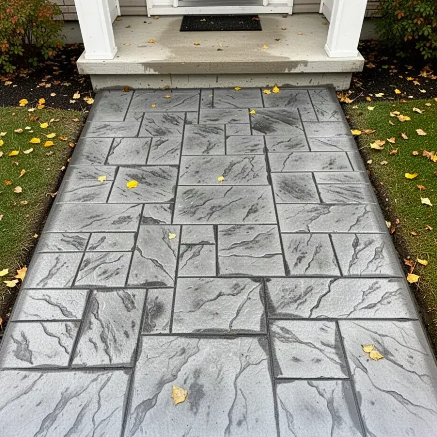 Antiqued release in texture Two-tone stamped concrete walkway with antiqued grout lines