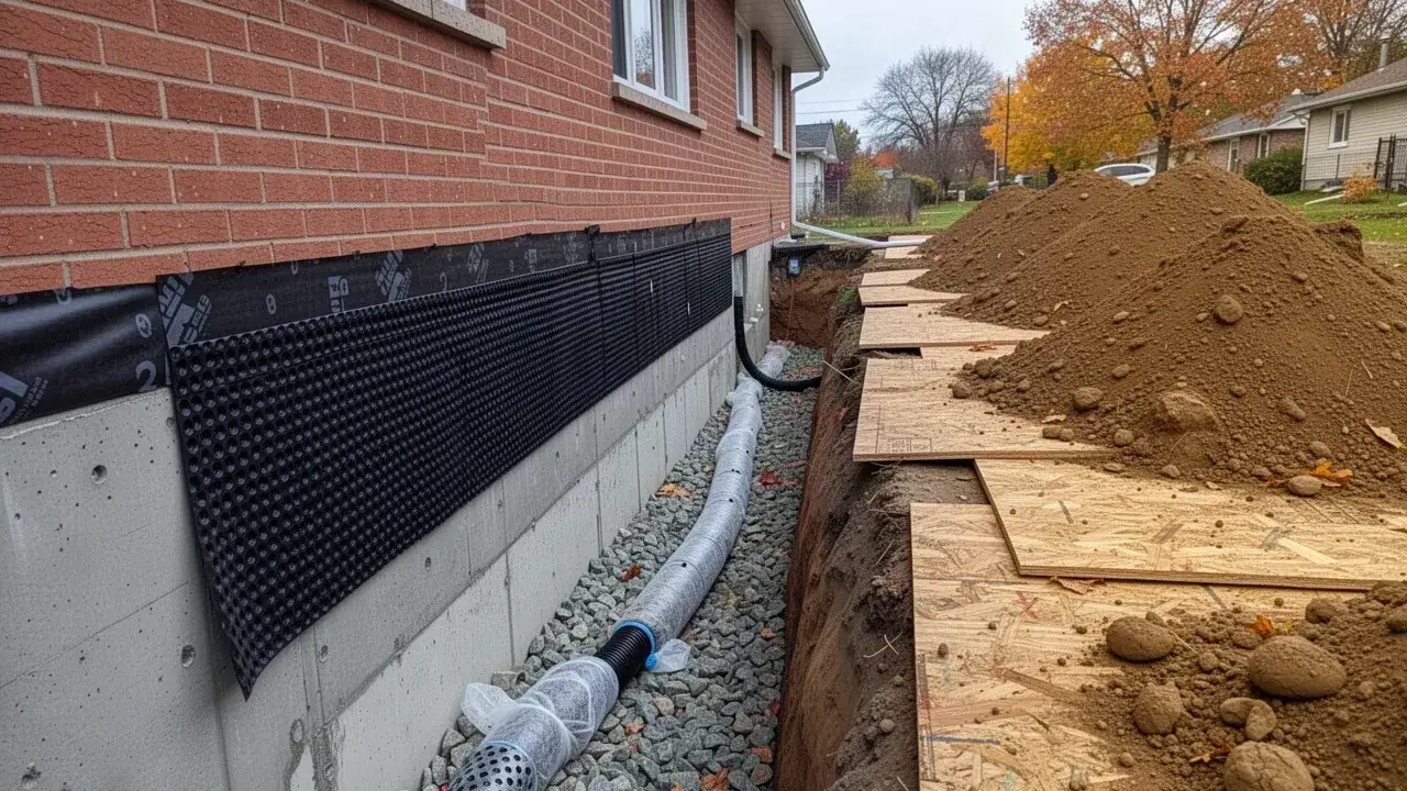 Waterproofed foundation wall with membrane in Cambridge Ontario