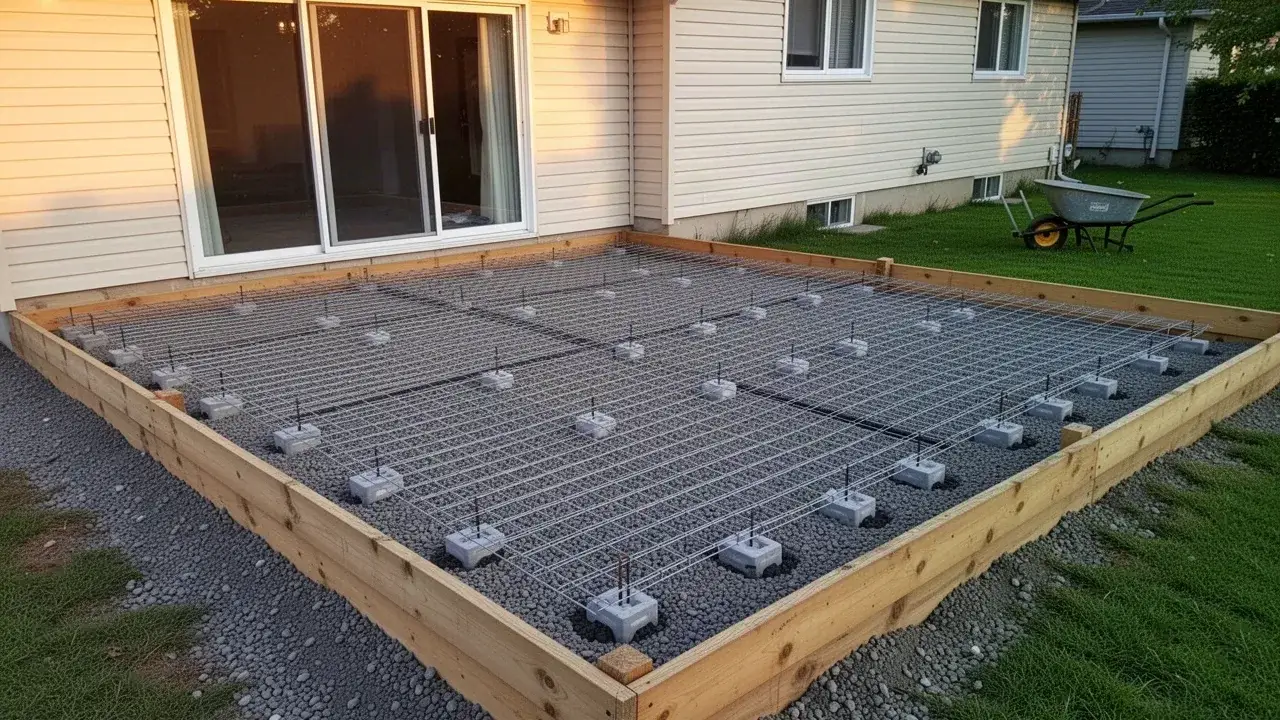 Welded wire mesh on chairs for Cambridge patio pour