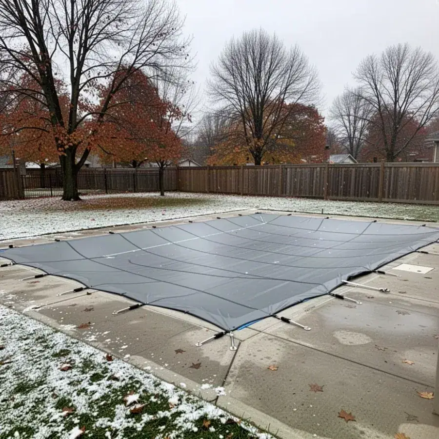 Winterized concrete pool with safety cover in Ontario