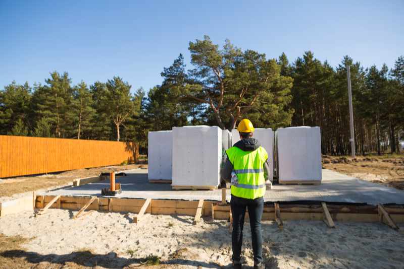 The project architect's back is on the construction site of a house with the foundation laid and the blocks delivered. Construction worker in a protective yellow helmet and a signal vest. Mock up